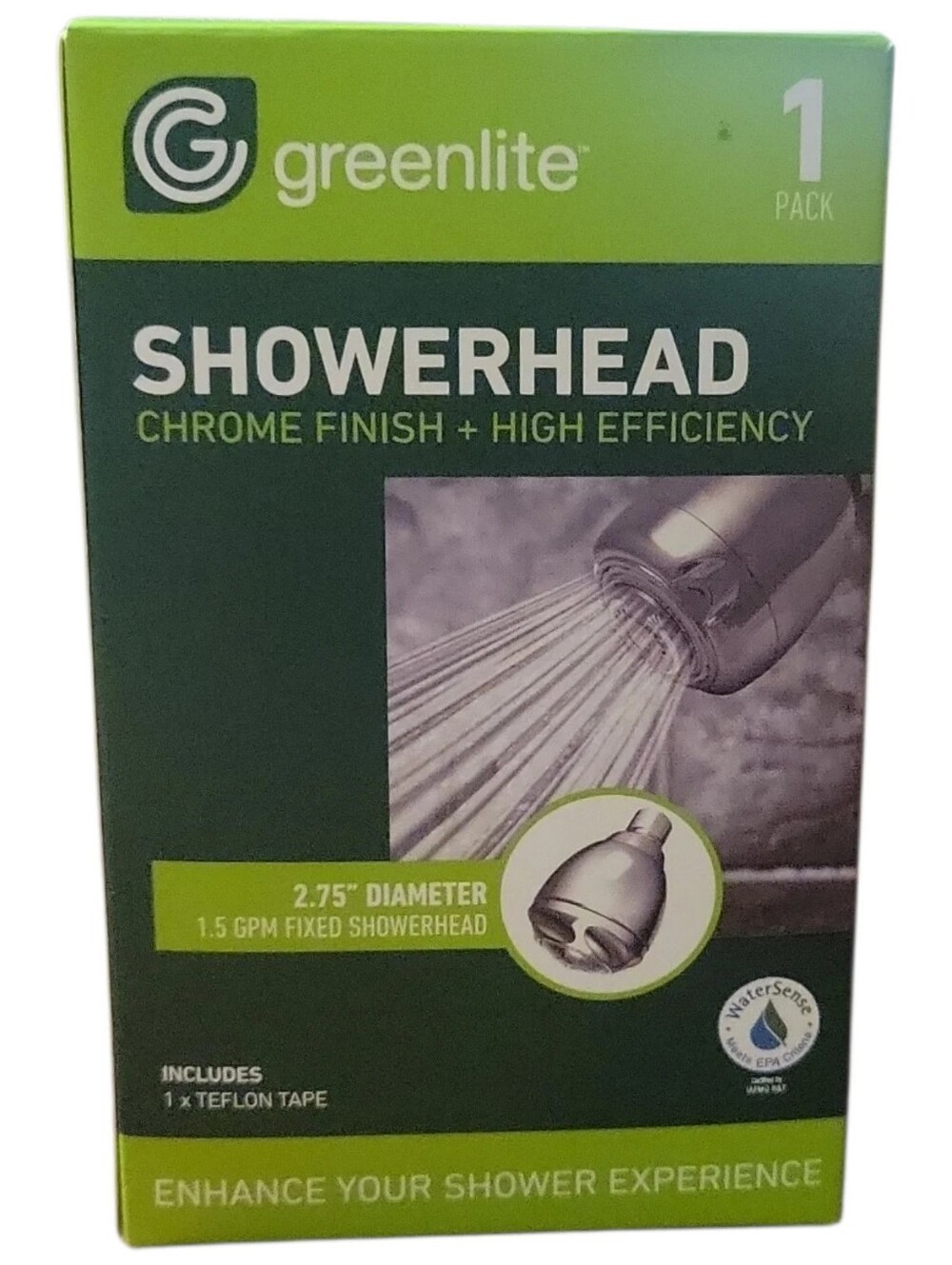 NWT Greenlite Chrome Finish Efficiency Fixed Shower Head /Teflon Tape 3 Stages